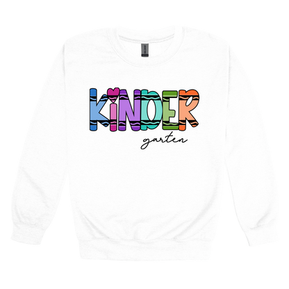 Kindergarten design shown on White adult Gildan crewneck sweatshirt.