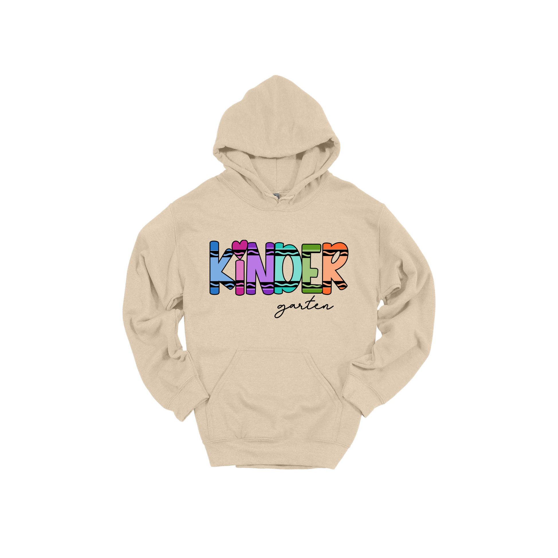 Kindergarten design shown on Sand adult Gildan hoodie.