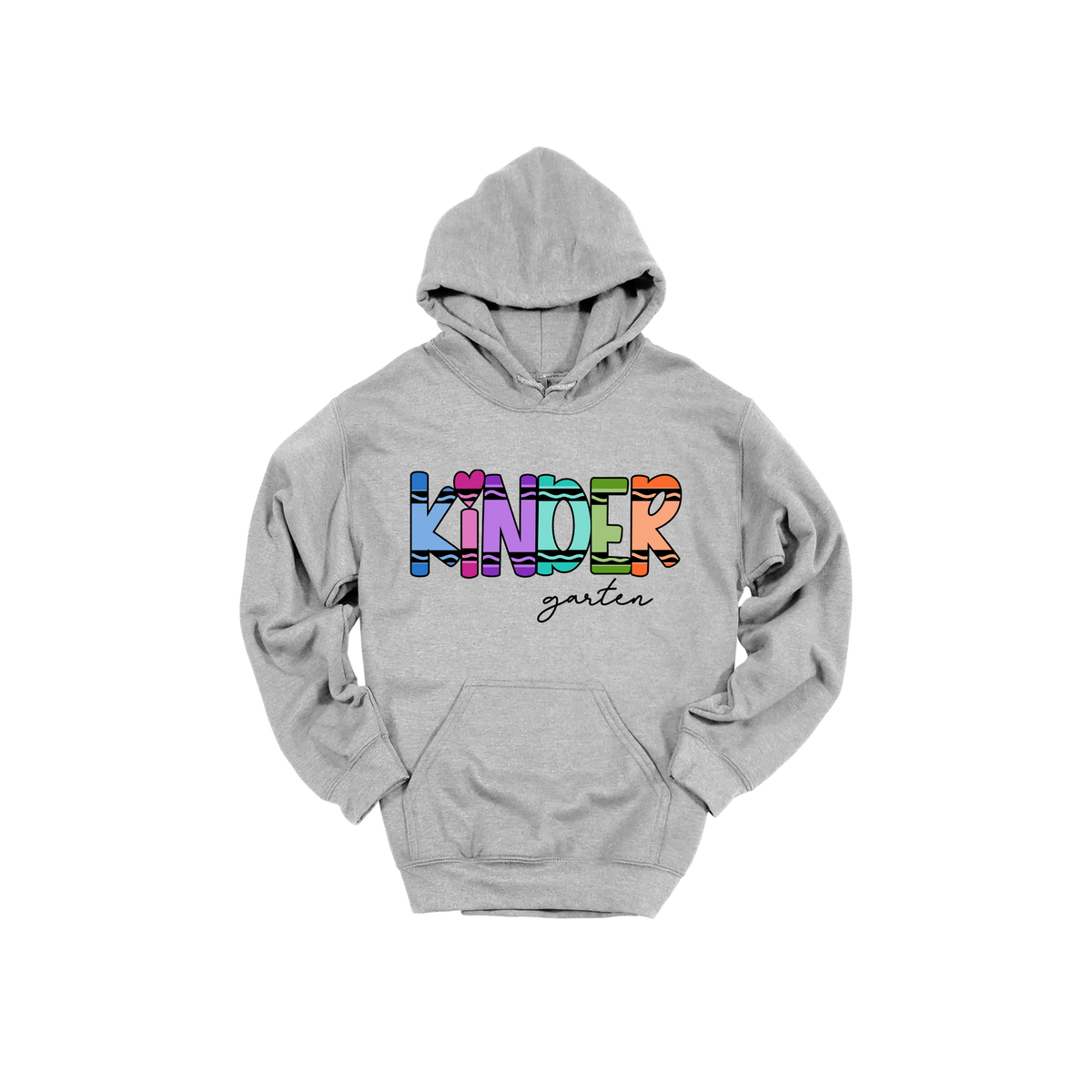 Kindergarten design shown on Sport Gray adult Gildan hoodie.