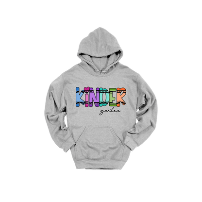 Kindergarten design shown on Sport Gray adult Gildan hoodie.