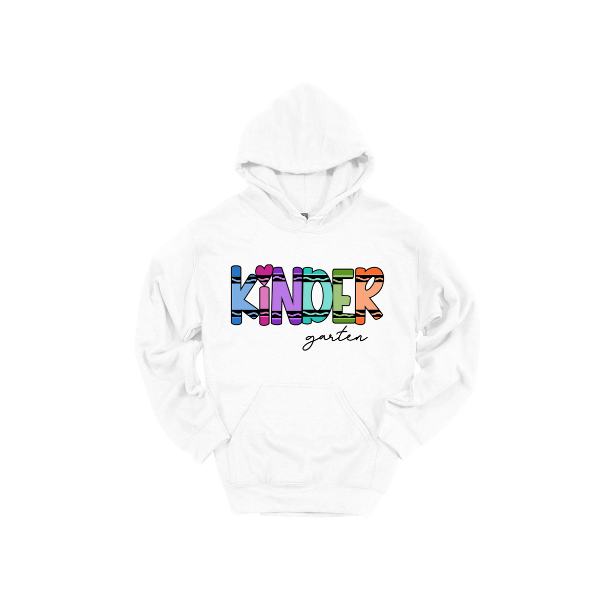 Kindergarten design shown on White adult Gildan hoodie.