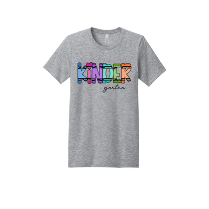 Kindergarten design shown on Heather Athletic Gray adult Bella+Canvas 3001 T-shirt.