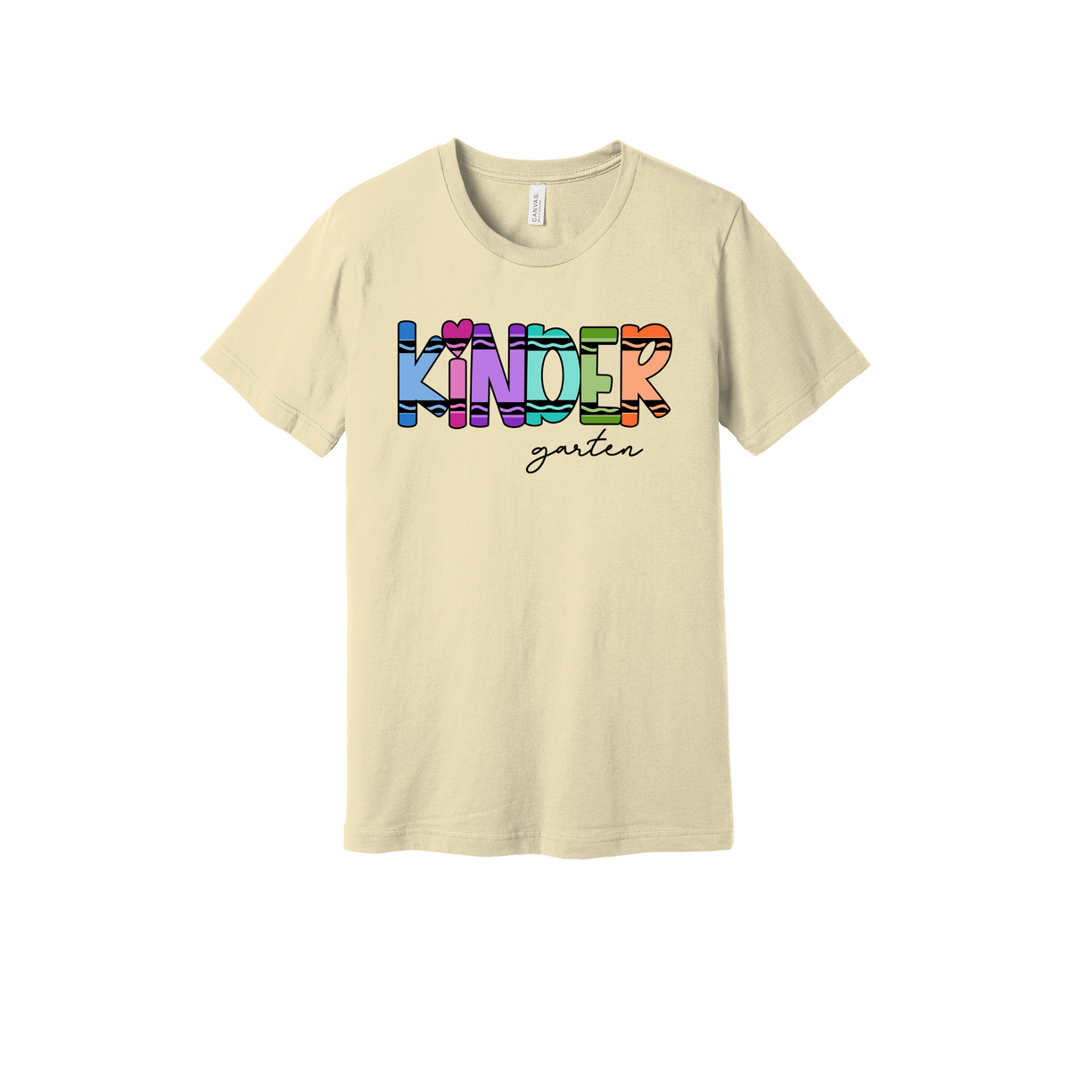 Kindergarten design shown on Natural adult Bella+Canvas 3001 T-shirt.