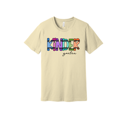 Kindergarten design shown on Natural adult Bella+Canvas 3001 T-shirt.