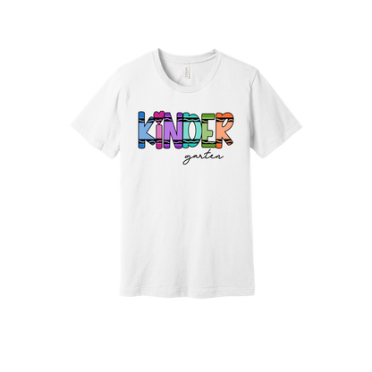 Kindergarten design shown on White adult Bella+Canvas 3001 T-shirt.