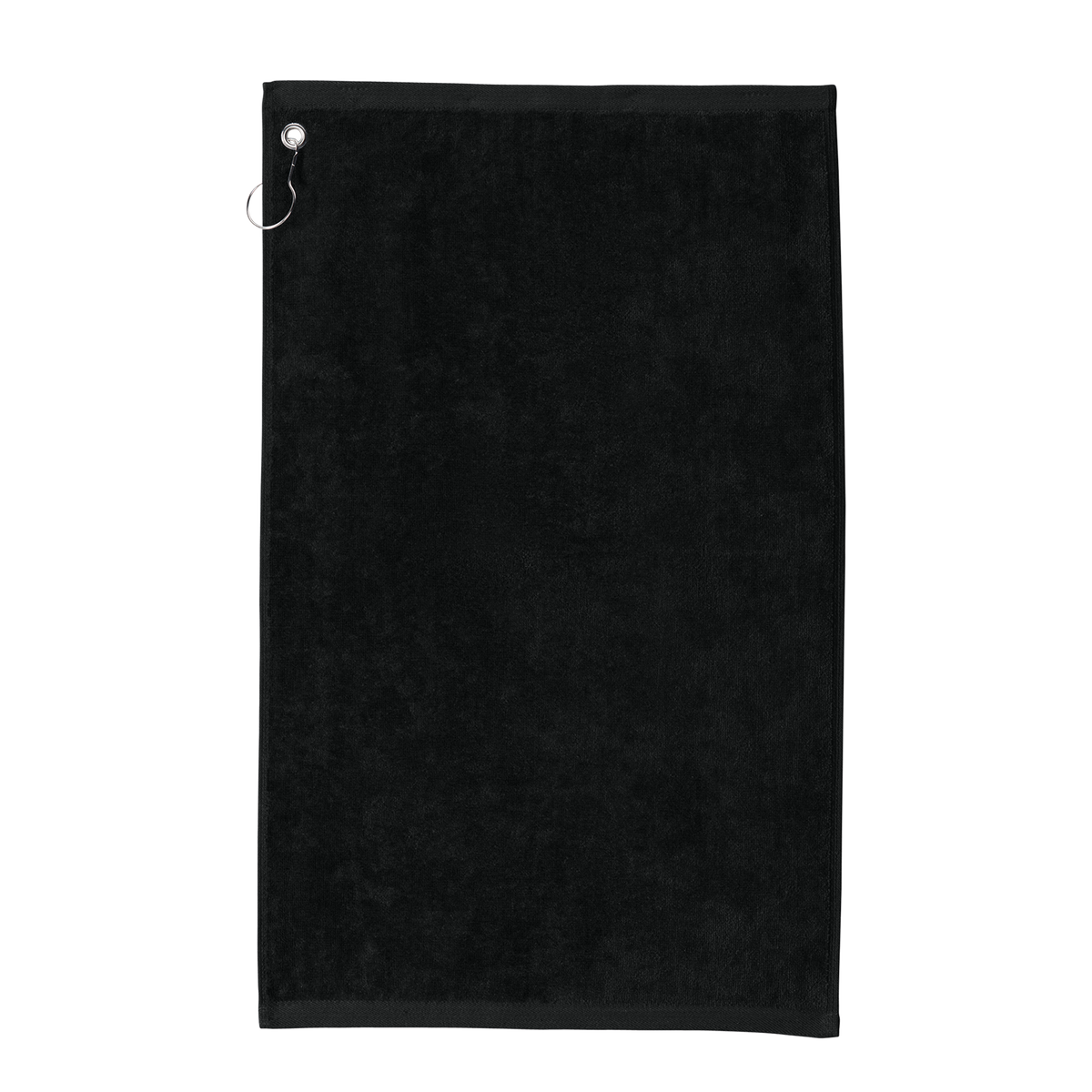 Custom Port Authority grommeted golf and fishing towel in Black, front view