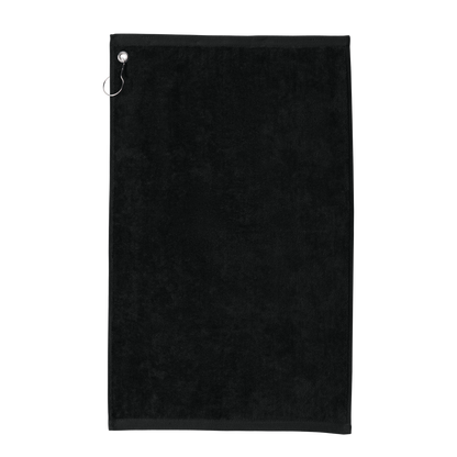 Custom Port Authority grommeted golf and fishing towel in Black, front view