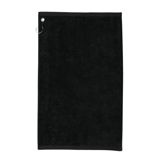 Custom Port Authority grommeted golf and fishing towel in Black, front view