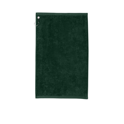 Custom Port Authority grommeted golf and fishing towel in Hunter, front view