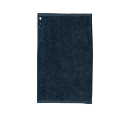 Custom Port Authority grommeted golf and fishing towel in Navy, front view