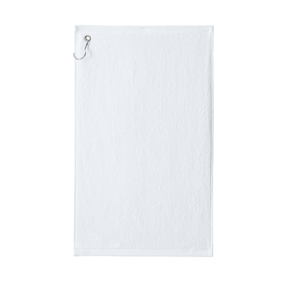 Custom Port Authority grommeted golf and fishing towel in White, front view