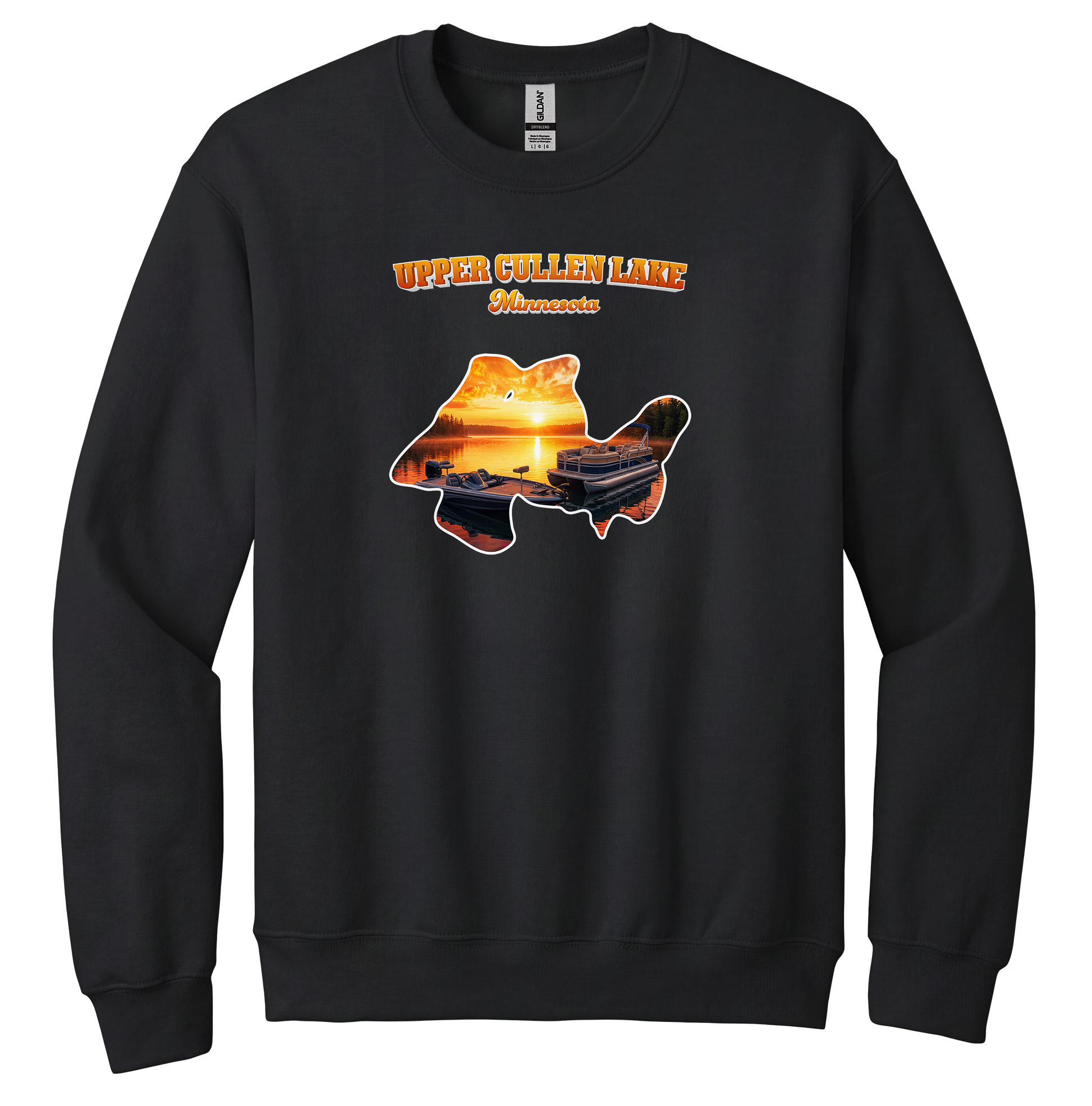 Upper Cullen Lake design on Black crewneck sweatshirt
