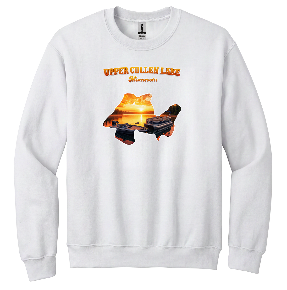 Upper Cullen Lake design on White crewneck sweatshirt
