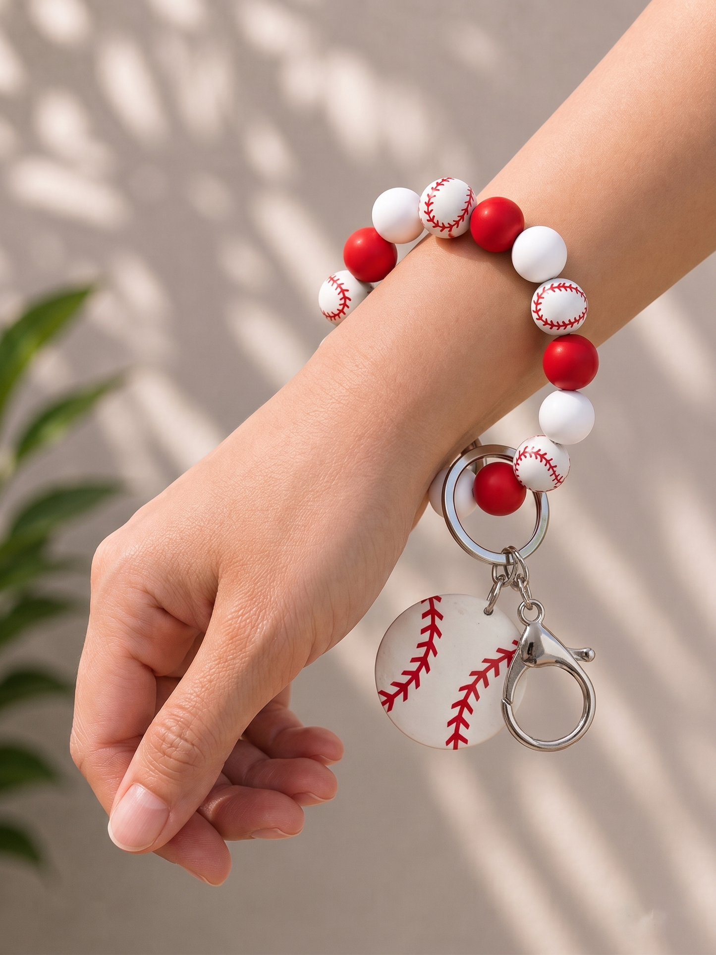 Baseball beaded wristlet keychain