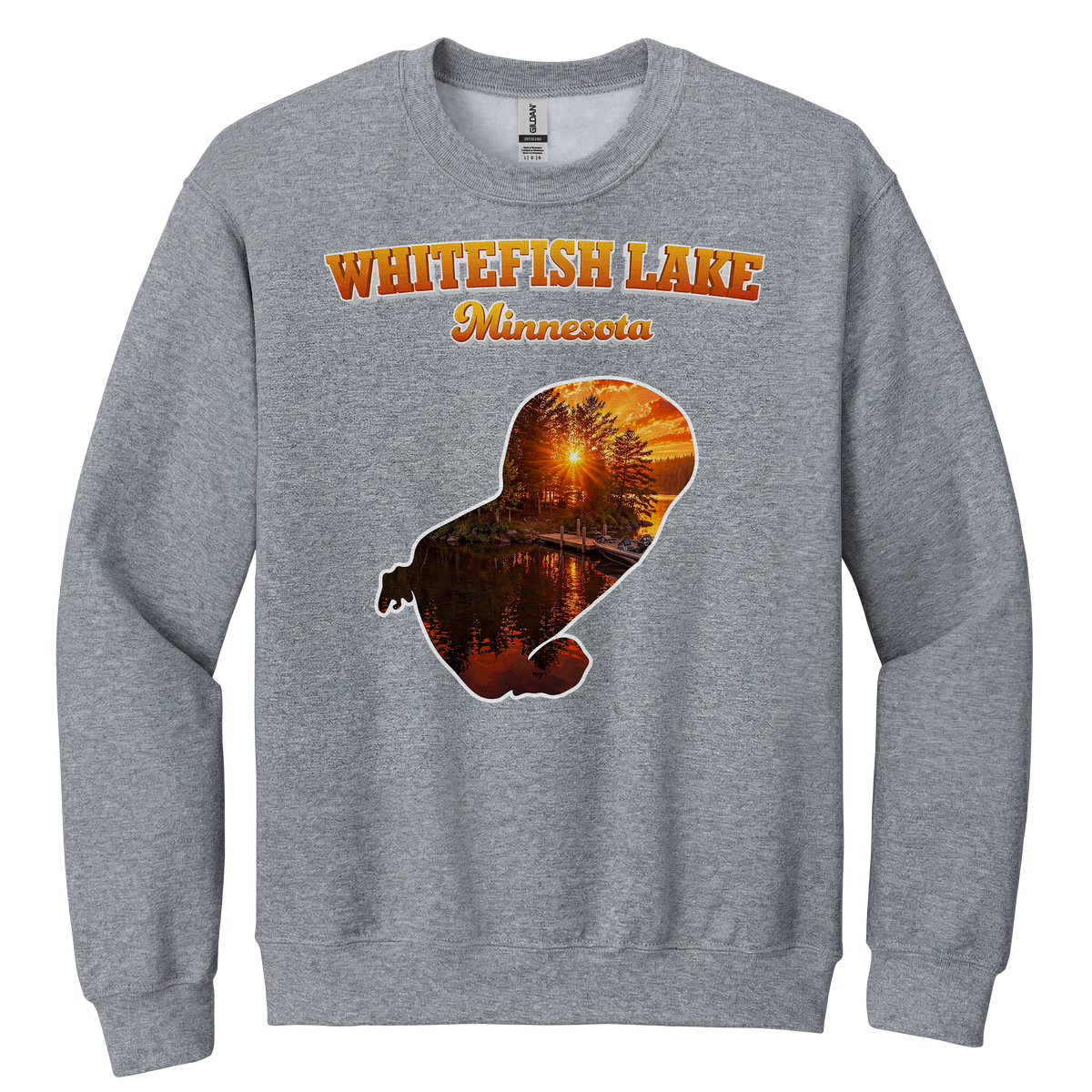 White Fish Lake design on Heather Grey crewneck sweatshirt