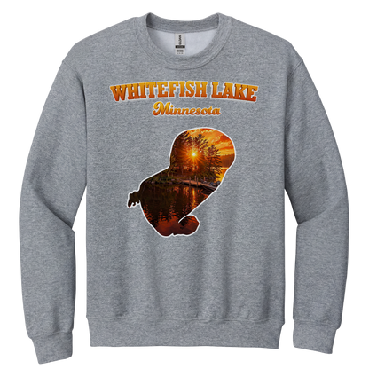 White Fish Lake design on Heather Grey crewneck sweatshirt