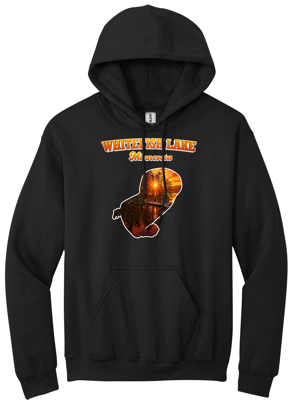 White Fish Lake design on Black hoodie