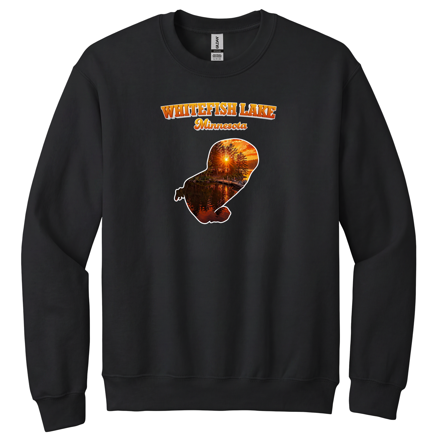White Fish Lake design on Black crewneck sweatshirt