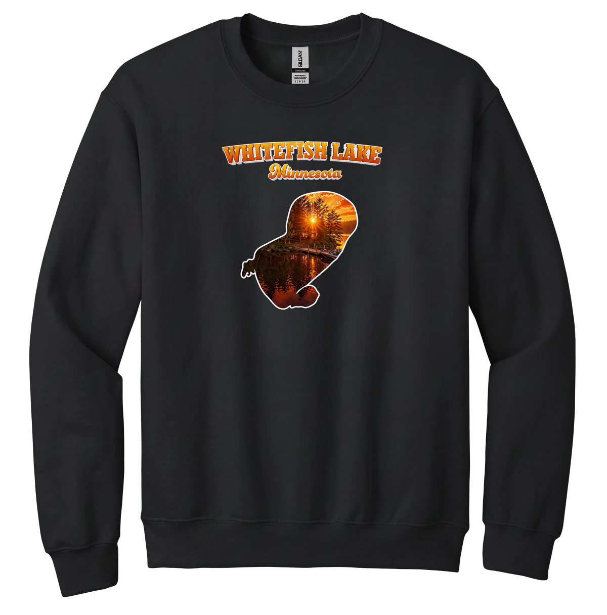 White Fish Lake design on Black crewneck sweatshirt