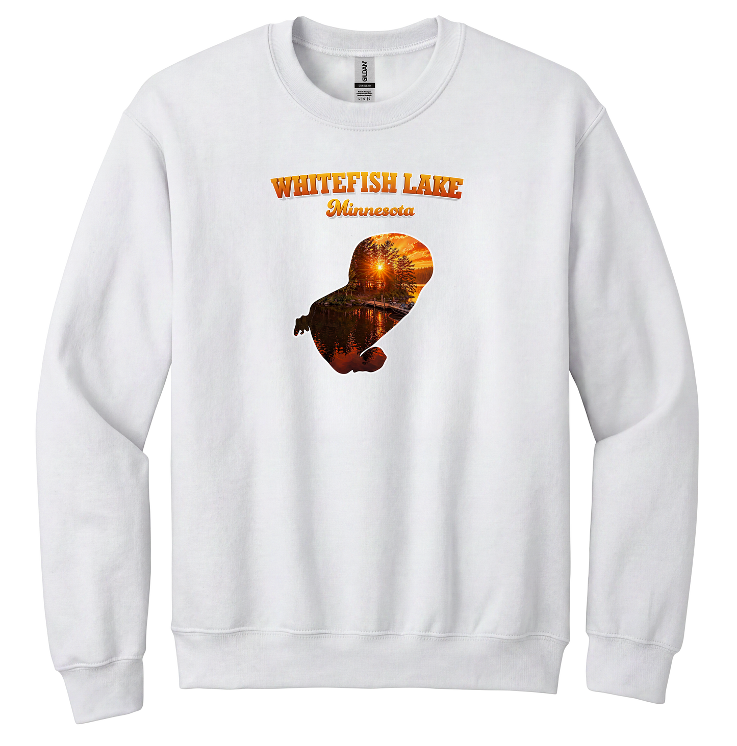 White Fish Lake design on White crewneck sweatshirt
