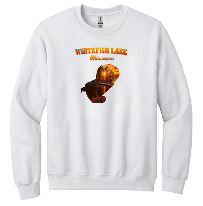 White Fish Lake design on White crewneck sweatshirt