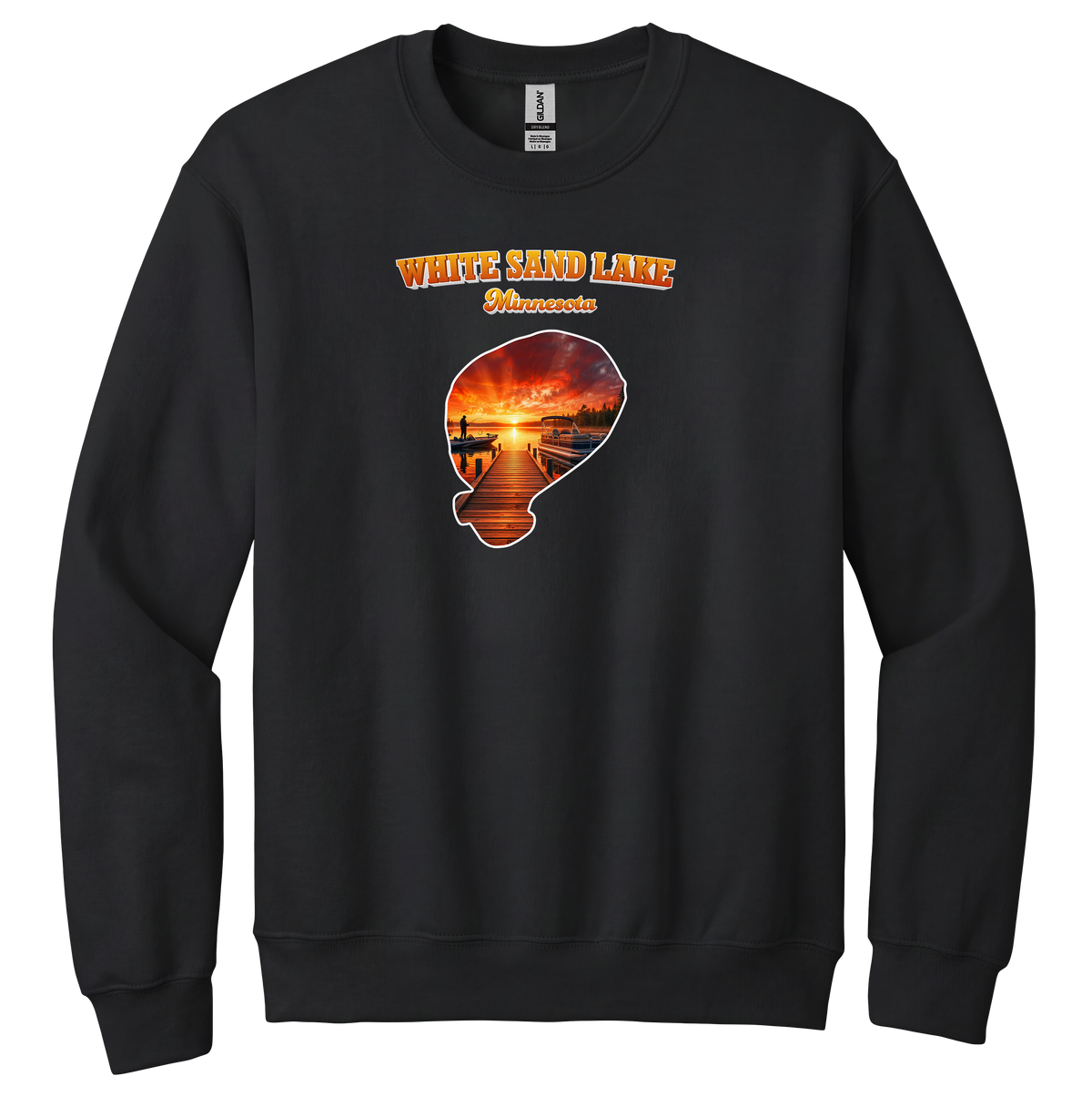 White Sand Lake design on Black crewneck sweatshirt